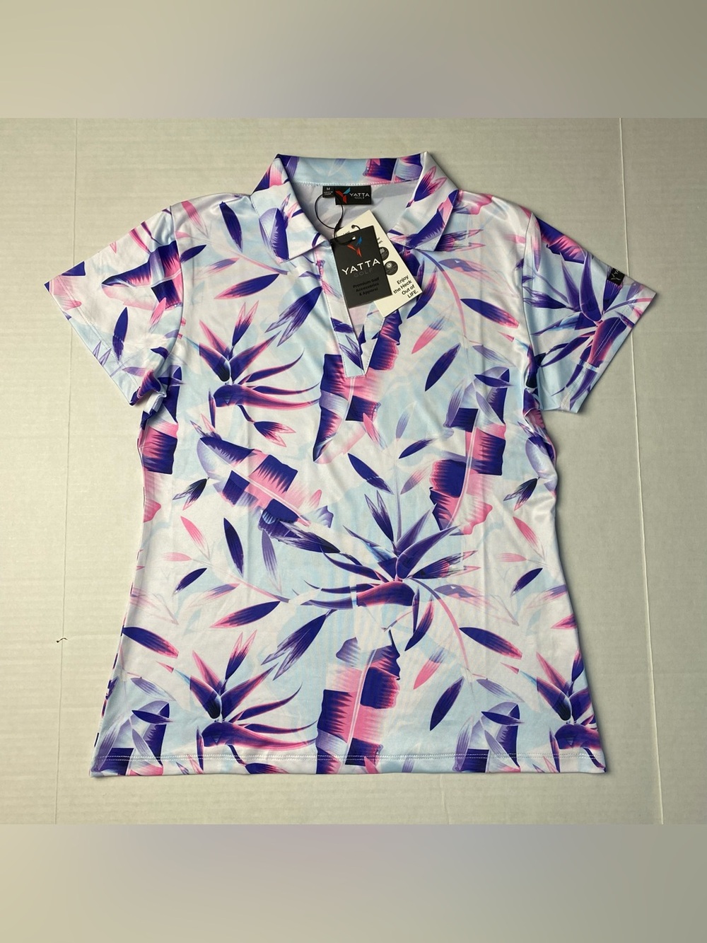Yatta Golf Polo Shirt Womens Medium Tropical Twilight Short Sleeve Top NWT $50